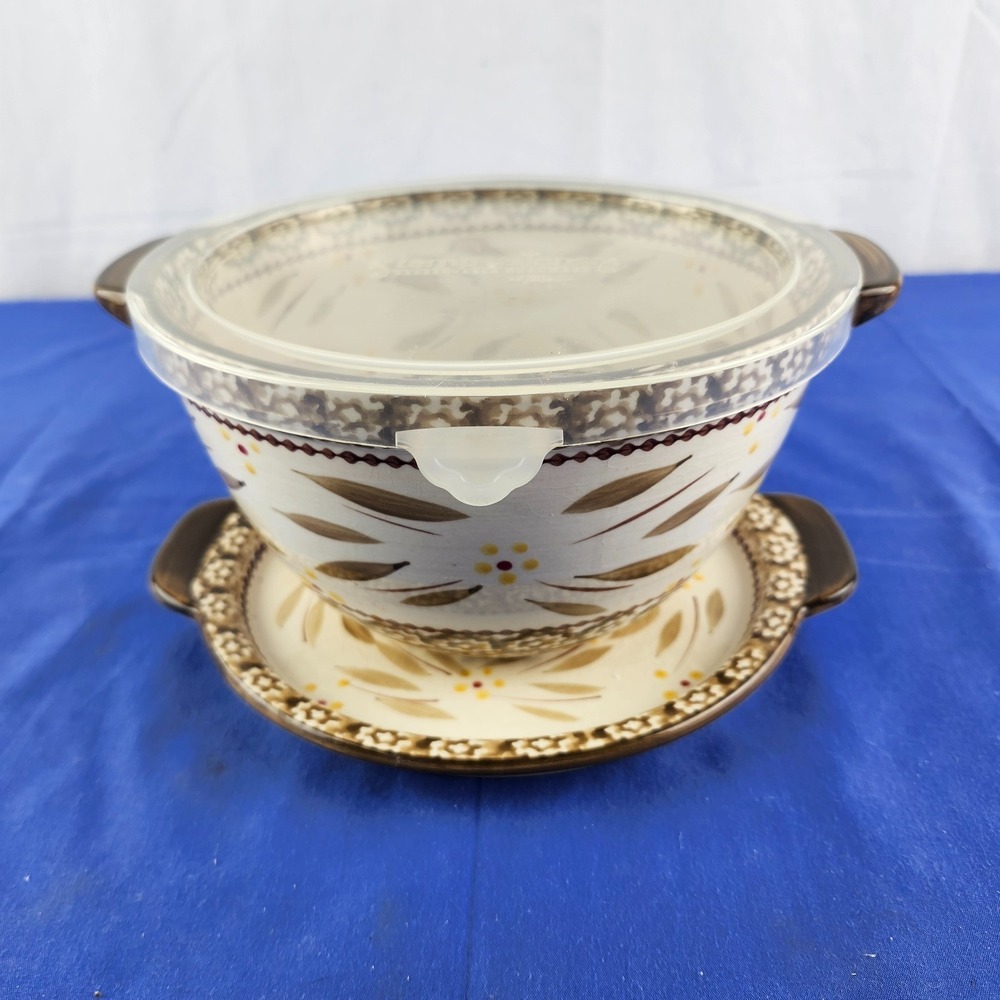 VTG Temptations By Tara Old World Ovenware Bowl Brown With Lid Trivet 1.5 Qt‎